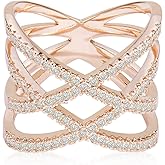 LEMON GRASS Rose Gold Plated Double Criss Cross Ring with Cubic Zirconia | Pave Crossover Fashion Band