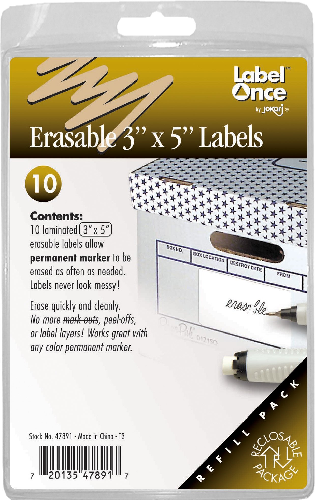 Jokari 47891 - Erasable Labels Refill Pack with 10 Large Assorted Labels and Eraser - Sticks to Paper, Metal, Plastic and More - 7.6x12.7cm - White