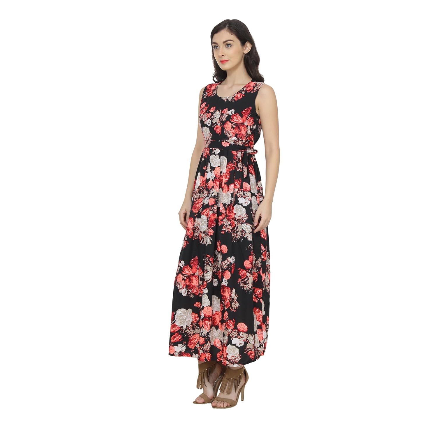 my swag women's crepe floral print sleeveless round neck maxi