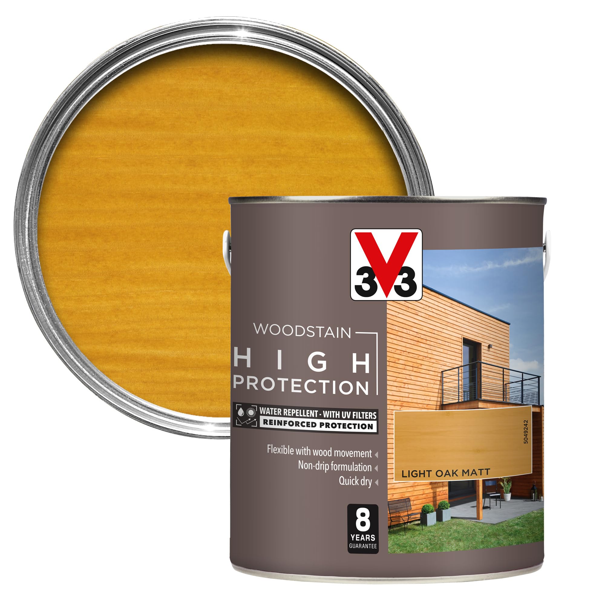 V33 High Protection Woodstain - 8-Year Guarantee - UV Filters - Water-Repellent - Quick-Drying - Only 2 Coats - Light Oak Matt 2.5 litres