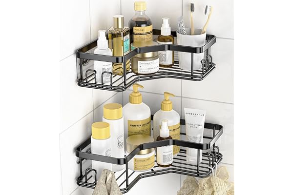 MAXIFFE Shower Caddy, Adhesive Stainless Steel Shower Organizer Shower Rack, Corner Shower Caddy with 8 Hooks, Shower Shelves