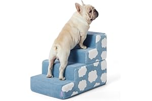 LE SURE Lesure Dog Stairs for Small Dogs 18" H 4-Step Foam Pet Steps Foldable for High Bed Couch and Sofa Chairs Jacquard Shaggy Plush for Cats with Supporting Board and Non-Slip Bottom, Light Blue