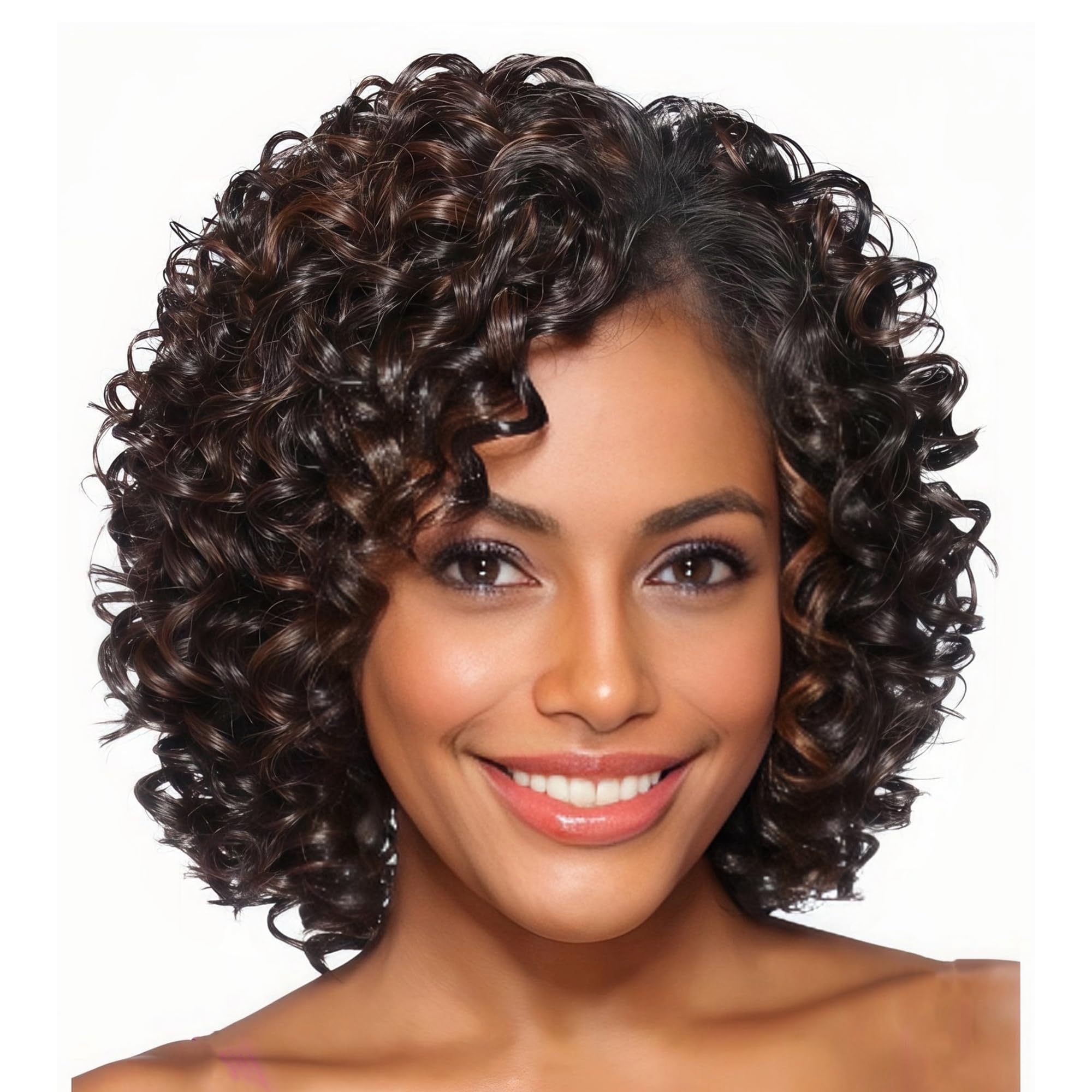 Photo 1 of XIUFAXIRUSI XIUFAXIRUSI Short Curly Afro Wigs for Black Women Mixed Brown Kinky Curly Bob Wig with Side Bangs African American Synthetic Full Hair Wig