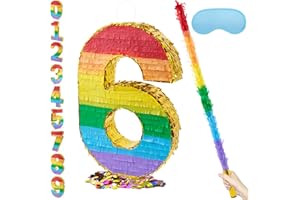 PCFING 20 Inch Number 6 Piñata Rainbow with 30 Inch Piñata Stick Blindfold Confetti for Boys Girls Adults Birthday Party Decorations, Anniversary Celebration, Fiesta