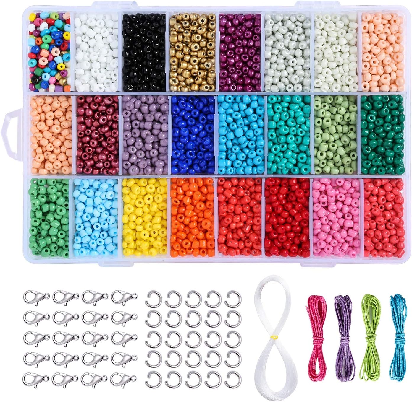 Peirich 7200 Pcs Glass Seed Beads, Small Craft Beads Assorted Kit with Organizer Box for DIY Bracelets, Jewelry Making 4mm Round, Hole 1mm (300pcs /Color, 24 Colors)