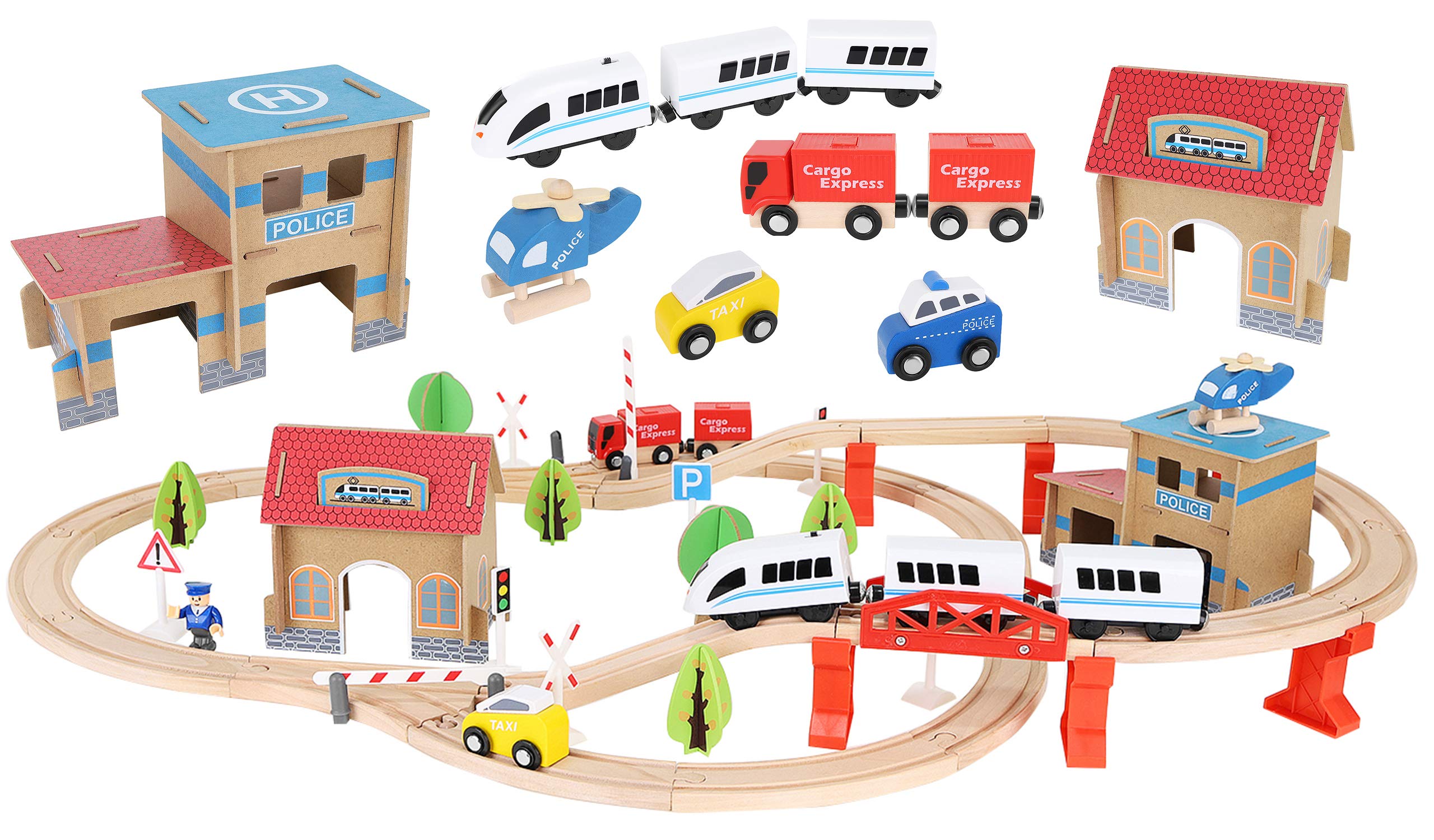 KRUZZEL Wooden Toy Train Wooden Railway Car Track for Kids Bucket Top Mountain with Container 9362