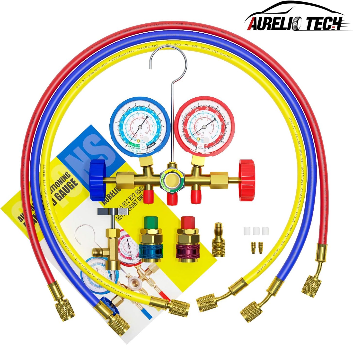 AURELIO TECH 3 Way AC Manifold Gauge Set, Fits for R134A R12 R22 and R502 Refrigerants, with 5FT Hose, Acme Tank Adapters, Quick Couplers and Can Tap (Instruction Included): Automotive