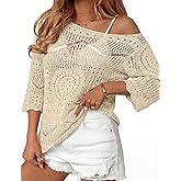 Rapbin Womens Crochet Hollow Out Knit Tops 3/4 Sleeve Spring Summer Sweaters Beach Cover Ups for Women Trendy 2026
