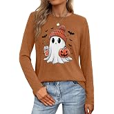 MQSVPUT Fall Long Sleeve T-Shirt for Women Funny Halloween Graphic Shirts Thanksgiving Crewneck Casual Holiday Tops