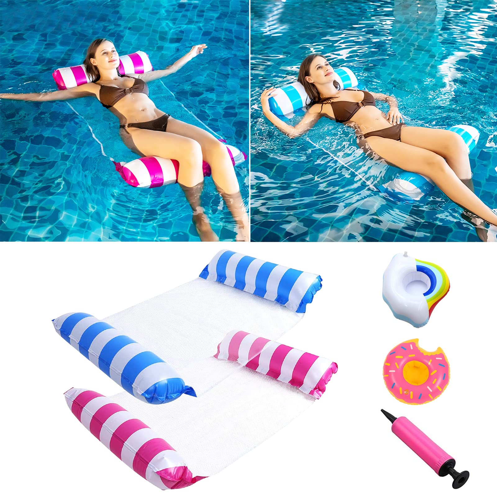 2 Pack Inflatable Pool Floats Hammock, 4-in-1 Multi-Purpose Inflatable Hammock with a Manual Air Pump, Pool Chairs for Swimming Pools Hot Tub Beach Summer, Water Lounge Party Toys (Blue, Pink)