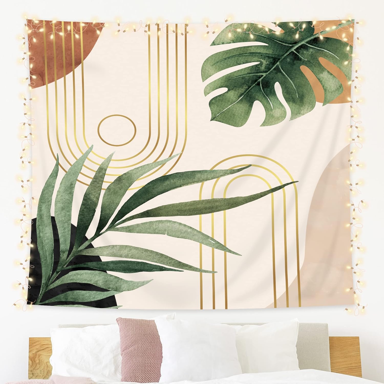 Tapestries - KOMLLEX Abstract Boho Mid Century Tapestry 78Wx59H Tropical Leaves Modern Geometric Arch Minimalist Bohemian Plant Botanical Aesthetic Wall Hanging Neutral Home Decor Art for Living Room Bedroom Dorm