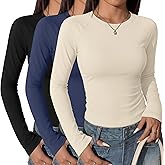 Velvelhall 3 Pack Women's Long Sleeve Shirts, Cotton Crew Neck Tops Raglan Slim Basic Tees Solid Casual Trendy Shirts(Black, Haze Blue, Cream,XX-Large)