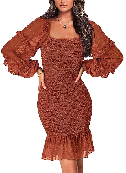 PRETTYGARDEN WOMENS 2024 FALL SMOCKED BODYCON MINI DRESS LONG SLEEVE SQUARE NECK SWISS DOT RUFFLE MERMAID ELEGANT DRESSES (BROWN,X-LARGE)
