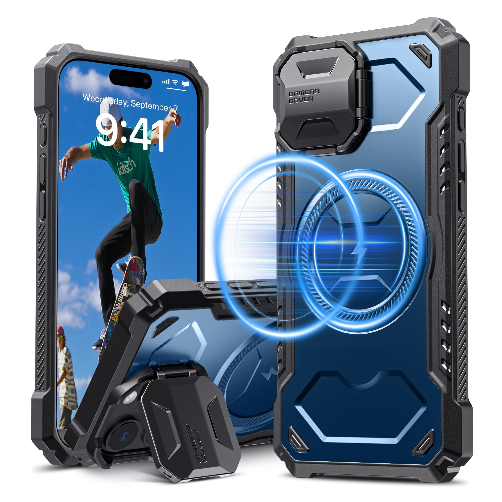 CloudValley for iPhone 16 Pro Max Magnetic Case with Camera Cover Kickstand,[Compatible with MagSafe] Heavy Duty, Military Drop Protection Shockproof Protective Case 2024 6.9 Inch,Blue