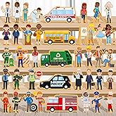Blosssound 40 Pcs Wooden Community Helpers Toys Wooden Cars Set Wood People Figures Multicultural Career Wood Blocks for Preschool Classroom Diversity Play Games Educational Activity Supplies