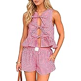 MISSACTIVER Women's Two Piece Outfit Gingham Tie Up Front Tank Tops and Wide Leg Short Set 2 Piece Pajama Sets with Pockets