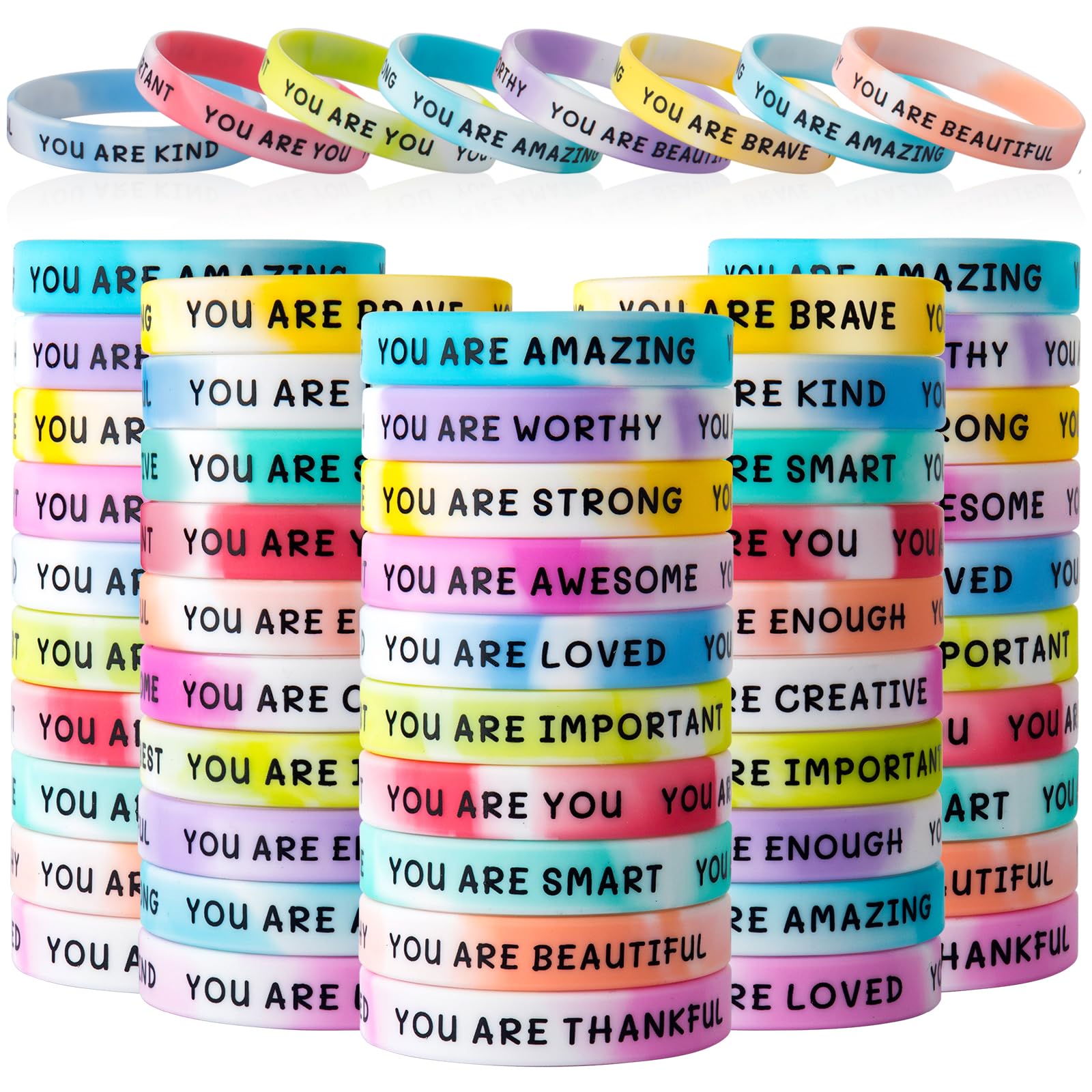 Photo 1 of 100 Pieces Motivational Wristbands Bulk for Student Colored Inspirational Rubber Bands Students Inspirational Bracelets Teacher for Kids Christmas Gift (Swirl Colours)