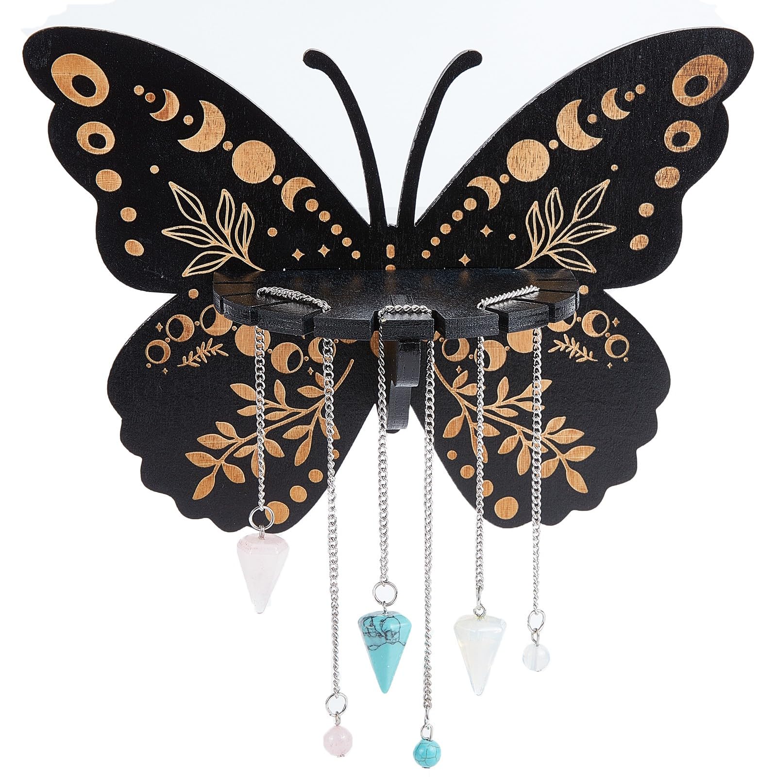 CREATCABIN Crystal Floating Shelf Wooden Crystal Display Shelves Butterfly Pagan Crystal Trinket Holder Stand with 3pcs Pendulum Chain for Hanging Essential Oil Spiritual Wall Decor Gift Black 8x6Inch