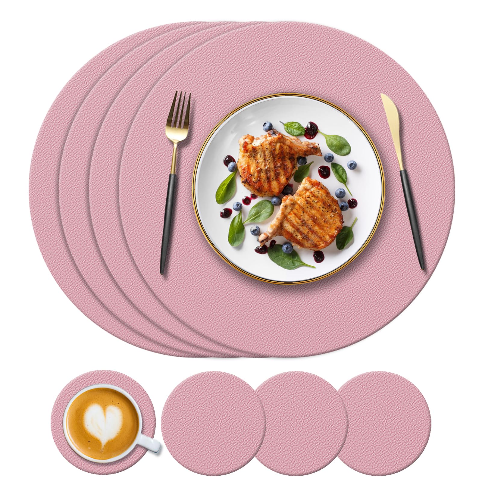 KERYCHIN 4 Round Silicone Place mats + 4 Coasters Set, Heat-Resistant 450 °F Placemats, Non-Slip and Washable, Decoration Accessories for Home, Hotel, Dining Table, Indoor, Outdoor, Pink