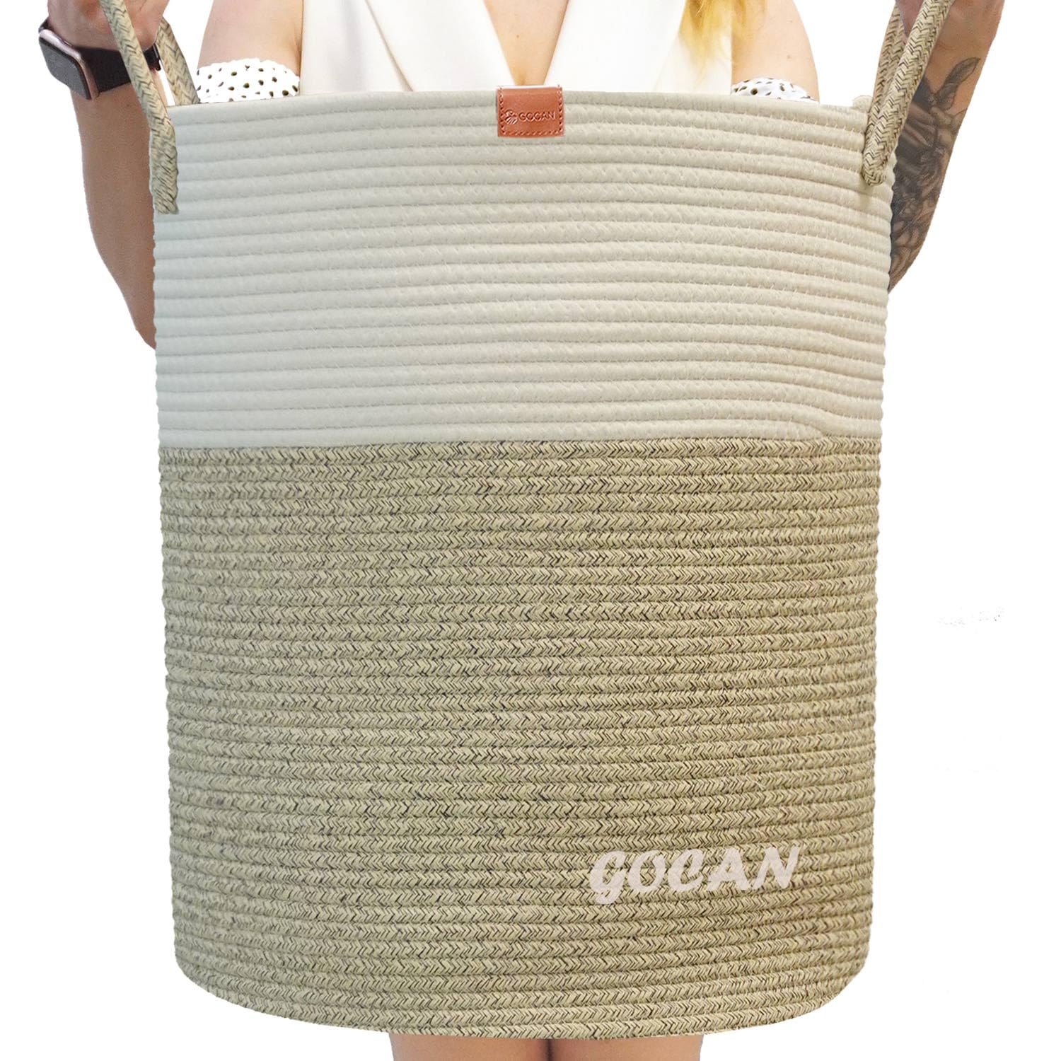 GOCAN large tall sturdier Laundry Hamper Basket Woven Storage Baskets for clothes Pillows Blanket Toy in living or bed room decoration H50XD38cm borwn/beige