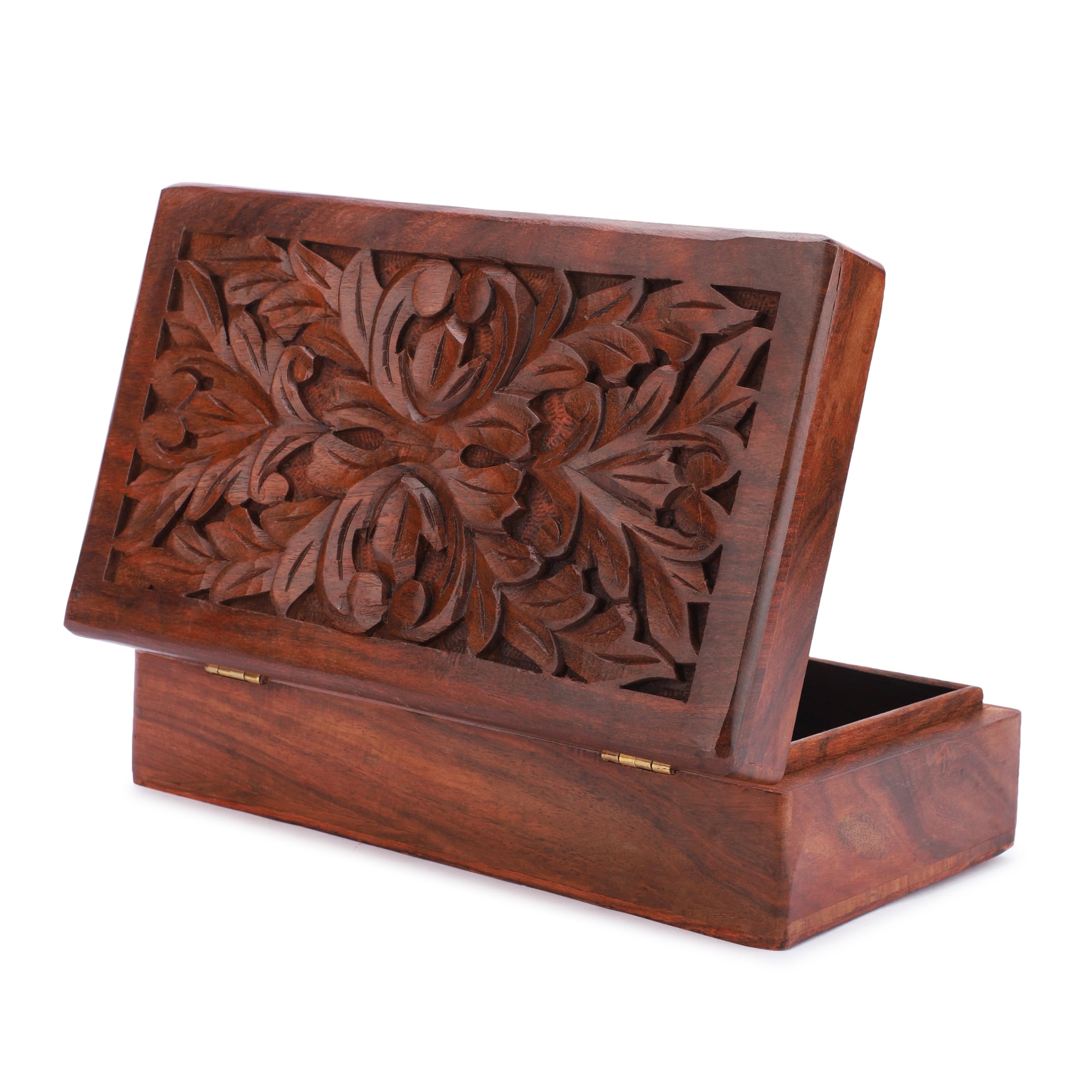 Ajuny Hand Carved Wooden Jewelry Storage Box Leaves Design Multipurpose Decorative Vintage Style Keepsake Trinket Case Holder Treasure Chest Necklace Earring Organizer Great Gift