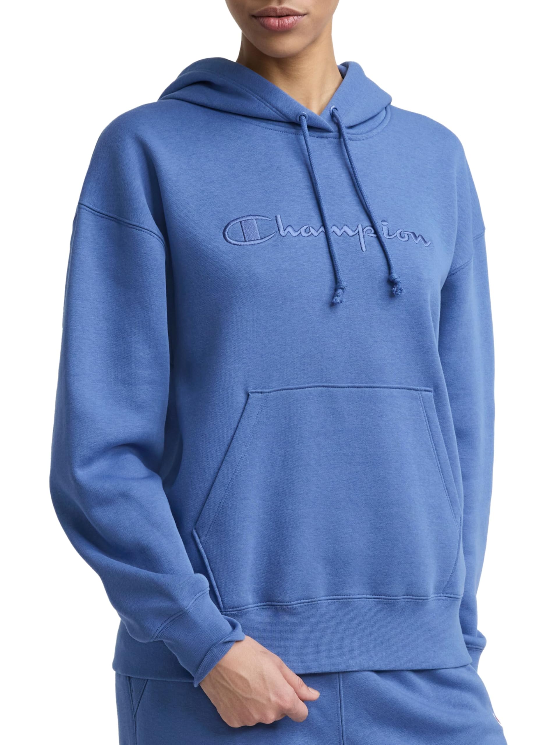 Champion Women's Pullover Fleece Hoodie, Loose Fit, Midweight, Script Logo, Available in Regular and Plus, Coastal Fjord - Tonal Script Logo, X-Large Image