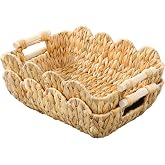 Coeusy 2 Pack Wicker Baskets, Cute Scalloped Baskets,Natural Water Hyacinth | Woven Basket for Gift, Snack, Display, Shelves, Shallow Wedding Basket Supplies with Wooden Handles