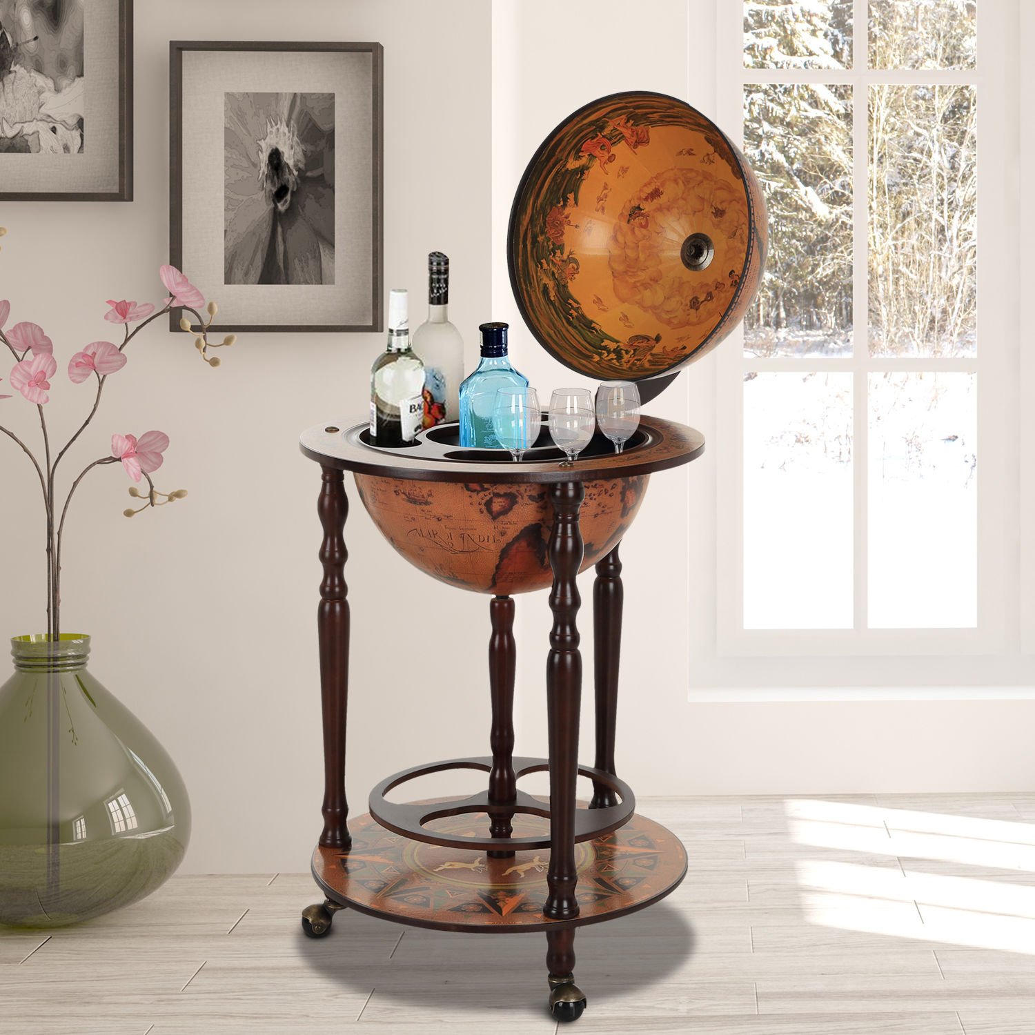Globe Shaped Retro Style Bar Wine & Alcohol Storage Trolley Glass