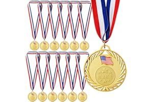 Juvale 12-Pack Gold Winner Medals for All Ages, Participation Awards with American Flag, 15.5-Inch Red, White, and Blue Ribbon for Sports, Tournaments, Competitions, Heavy-Duty (Metal, 2.75 in)