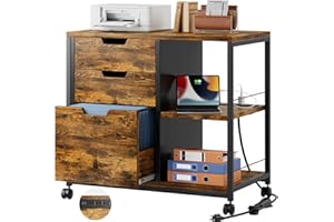 YaFiti Office File Cabinet, 3 Drawer Lateral Filing Cabinet with Socket and USB Charging Port, Printer Stand with Open Storage Shelves fits A4 or Letter Size, Rustic Brown