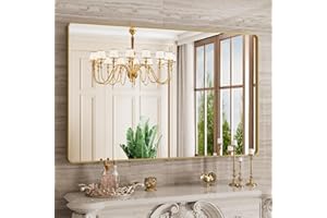 JISOSO Gold Bathroom Mirror, 48x30 Inch Brushed Gold Metal Frame Mirror for Wall, Rounded Rectangle Bathroom Vanity Mirror, Tempered Glass, Anti-Rust, Horizontal/Vertical