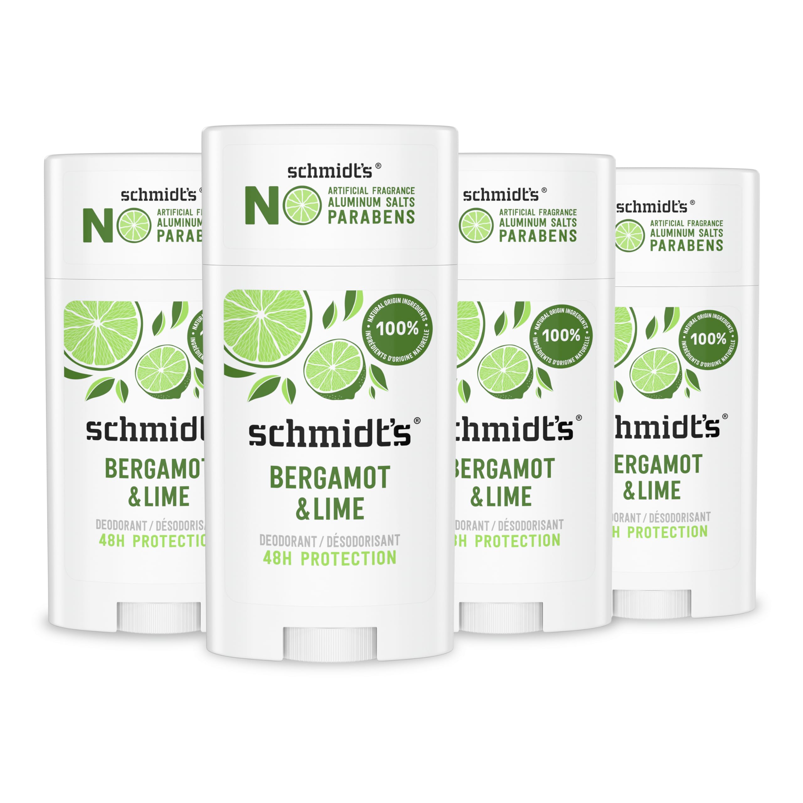 Photo 1 of Schmidt's Aluminum-Free Vegan Deodorant Bergamot & Lime 4 Count for Women and Men, with 24 Hour Odor Protection, Natural Ingredients, Cruelty-Free, 2.65 oz
