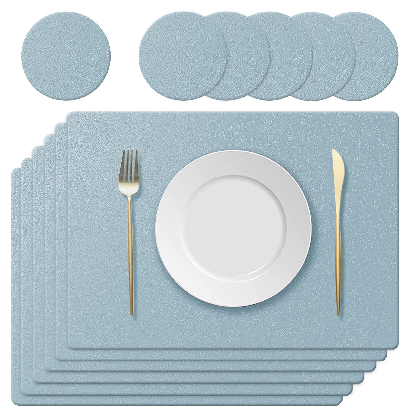 KERYCHIN 6 Silicone Placemats + 6 Non-Slip Table Coasters with Leaf Pattern Set, Heat Resistant 450 °F, Waterproof Place Mat for Kitchen, Home, Restaurant, Dining Table, 40 x 30 cm, Light Blue