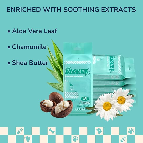 THE LICKER STORE PWP1008A-6SET MINI DOG BODY WIPES, HYPOALLERGENIC PET GROOMING WIPES WITH ALOE VERA, CHAMOMILE & SHEA BUTTER, FOR PAWS, FACE & BODY, CLEANING & HYDRATING, 288 COUNT (6 BAGS)