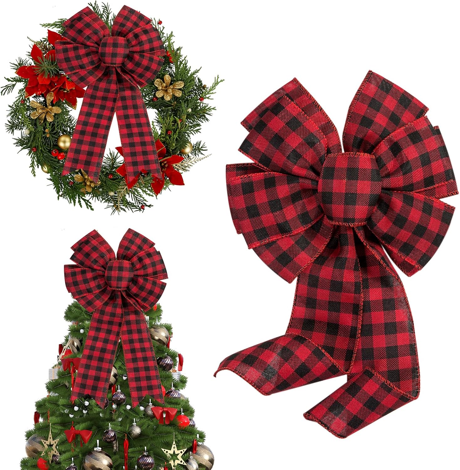 Bows & Ribbons - TBD DECOR Red Black Burlap Buffalo Plaid Bows for Christmas Rustic Farmhouse Decorations Ribbon Bows for Wreaths Garland Tree Toppers Indoor Outdoor Decorations 8