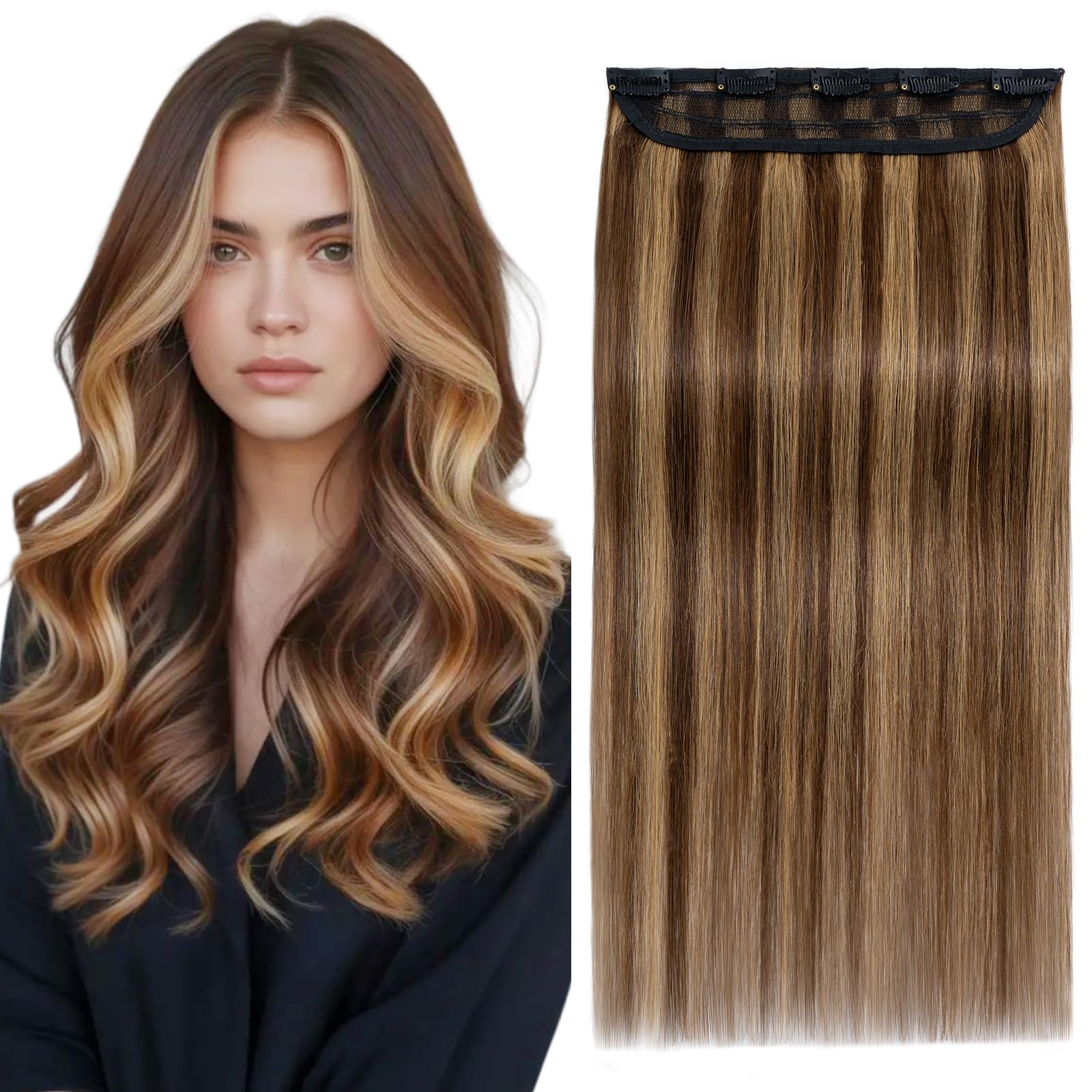 S-noilite Clip in Human Hair Real Hair Extensions One Piece 3/4 Full Head Remy Natural Straight Extension (10"-40g, #4/27 Medium Brown/Dark Blonde)