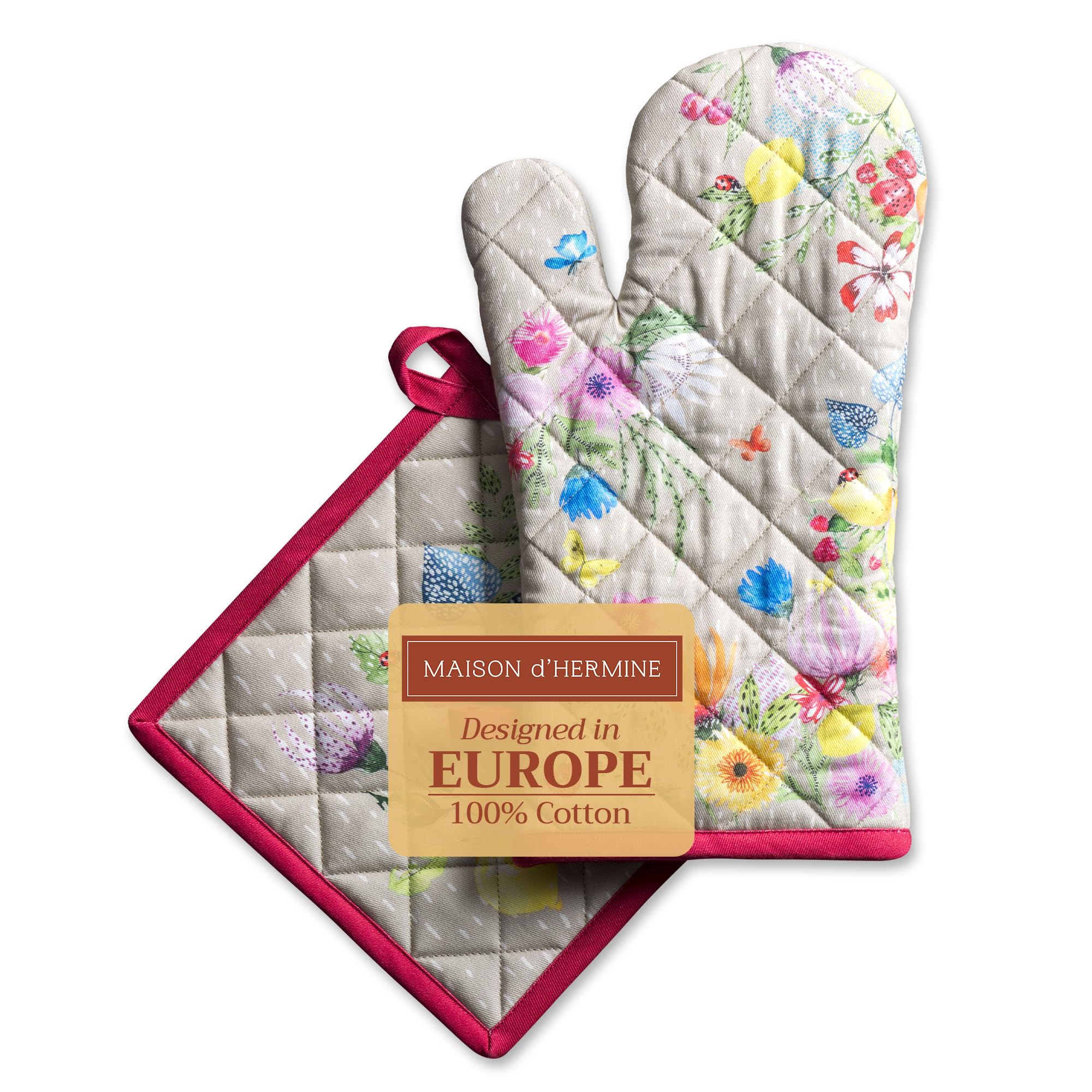 Maison d' Hermine 100% Cotton Oven Mitt & Pot Holder Set (19 x 33 cm &20 x 20 cm) Heat Resistant BBQ Cooking Gloves with Loop for Baking Handling Hot Pans Gifts for Mothers Day (Jardin D'Ete - Fog)