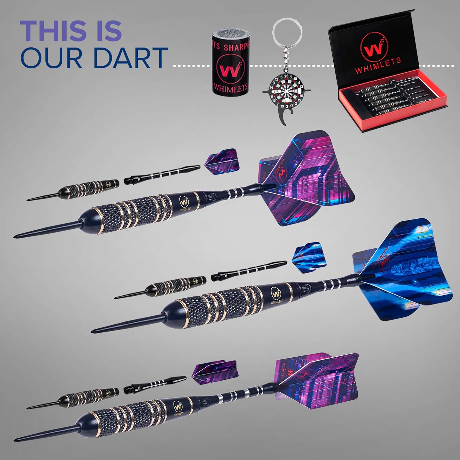Whimlets Steel Tip Darts Set - Professional Darts Steel Tip for Dartboard with Extra Aluminum Shafts, O-Rings, Flights + Dart Tool and Sharpener + Gift Case + Darts Guide : Sports & Outdoors