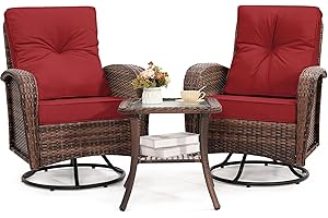 Kromax 3 Pieces Patio Furniture Set, Outdoor Swivel Glider Rocker, Wicker Patio Bistro Set with Rattan Rocking Chair, Glass Top Table with Thick Cushions for Porch Deck, Brown Rattan and Red Cushion