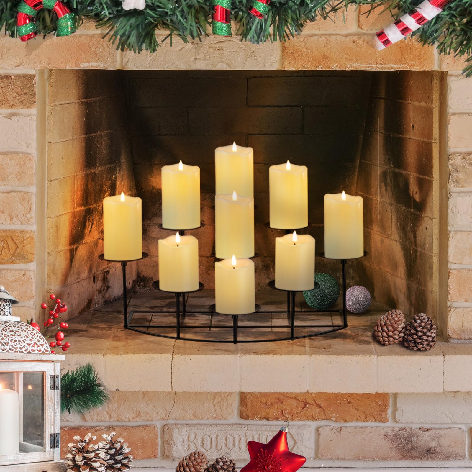 Photo 1 of Candeldo Candelabra Fireplace Candle Holder: Black Metal Pillar Candle Holders for Inside Fireplace Mantle Decor Floor Candelabras Table Centerpiece