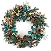22 Inch Christmas Wreath for Front Door Christmas Wreath Decoration with Green Velvet Flowers,Gold and Green Ball Ornaments,Pine Cones,Fireplace Mantel, Wall, Indoor Outdoor Holiday Xmas Decorations
