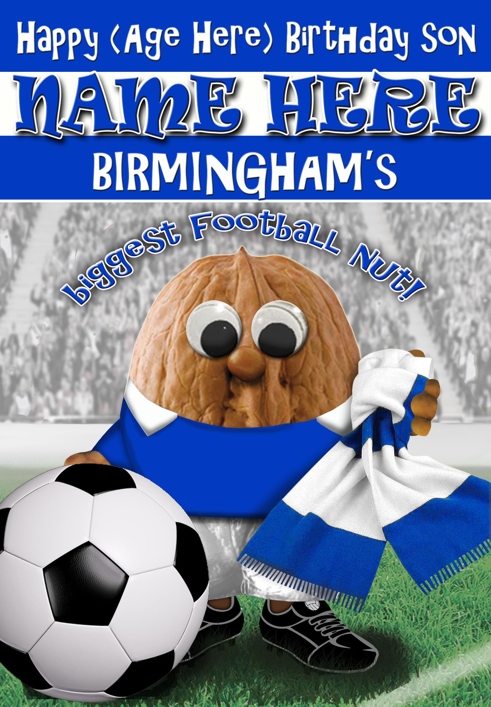 Birmingham Birthday Card For Son Football Nut - PERSONALISED Option with NAME and/or AGE - POSTED SAME DAY - FULL COLOUR INSIDE