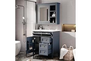 Linique 30'' Bathroom Vanity with Top Sink and Blue Mirror Cabinet,Modern Bathroom Storage Cabinet with 2 Drawers and a Tip-Out Drawer,Single Sink Vanity(Blue)