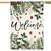 AVOIN colorlife Poinsettia Holly Berries Christmas House Flag 28x40 Inch Double Sided Outside, Floral Welcome Winter Holiday Yard Outdoor Decorative Flag