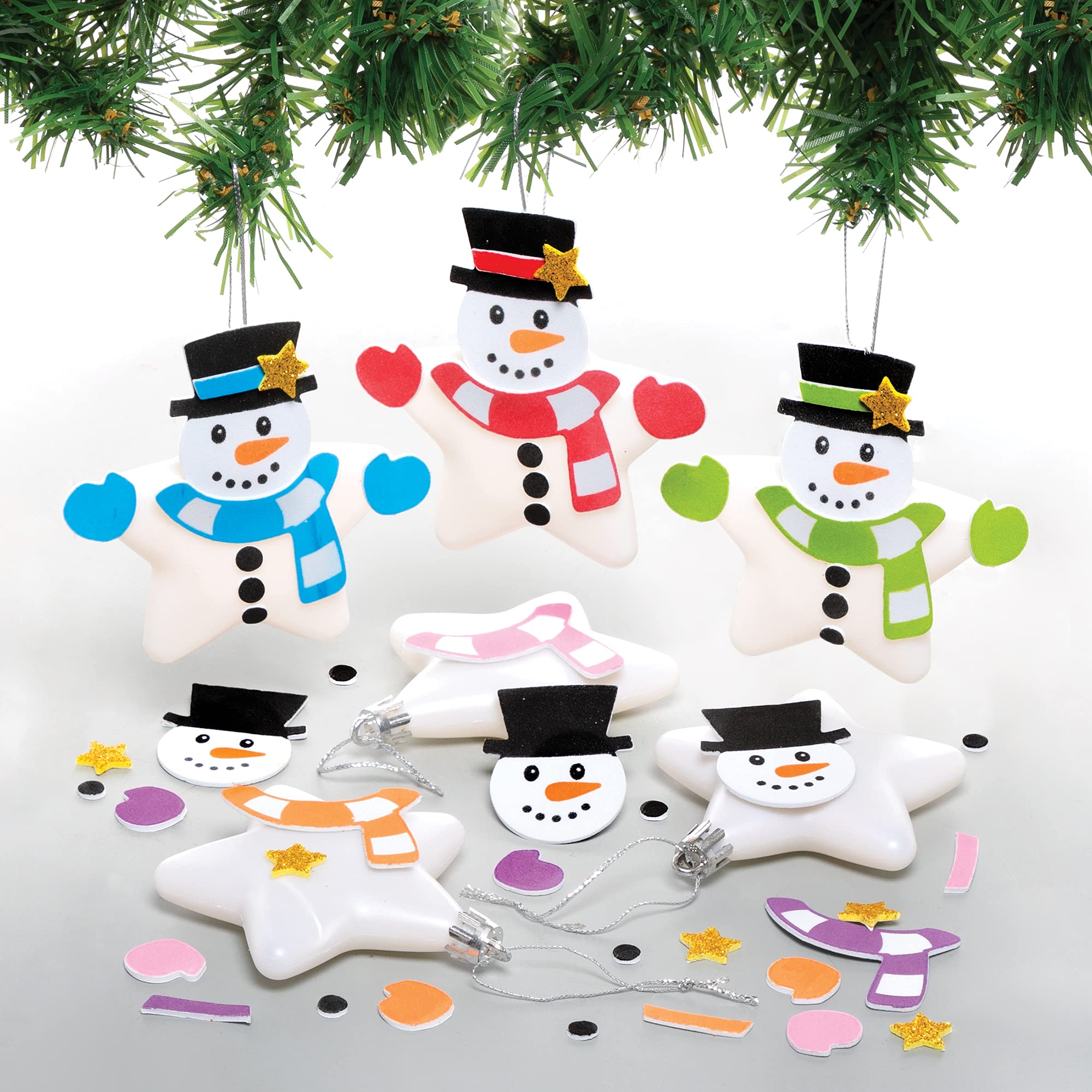 Baker Ross FE921 Christmas Snowman Star Bauble Kits - Pack of 6, Make Your Own Christmas Decorations, Festive Tree Ornaments for Kids to Decorate and Display, Hanging Decorations for Christmas Trees