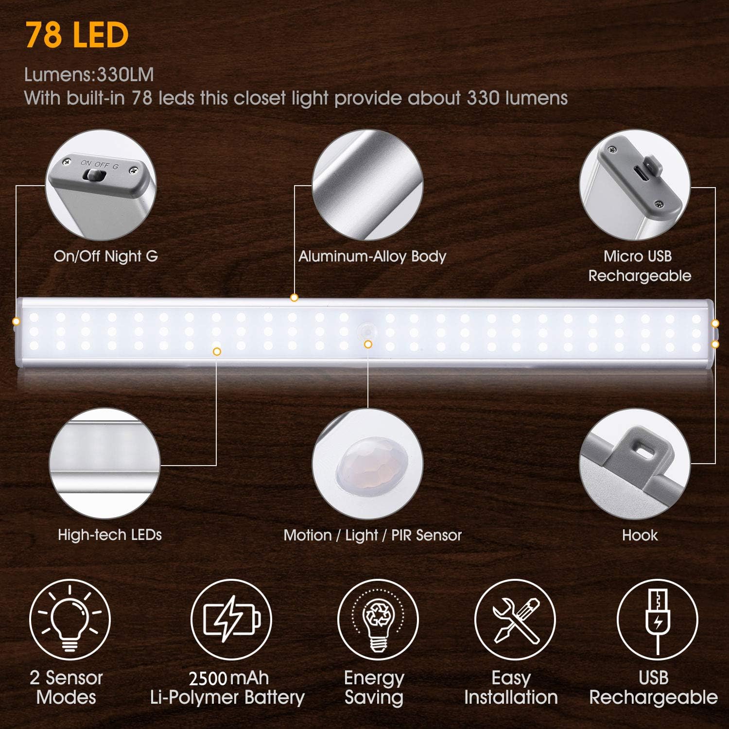 MOSTON Super Bright Rechargeable Closet Light 78LED, Homelife Motion Sensor LED Lights Under Cabinet Stick on Anywhere with Built-in Magnetic: Home Improvement