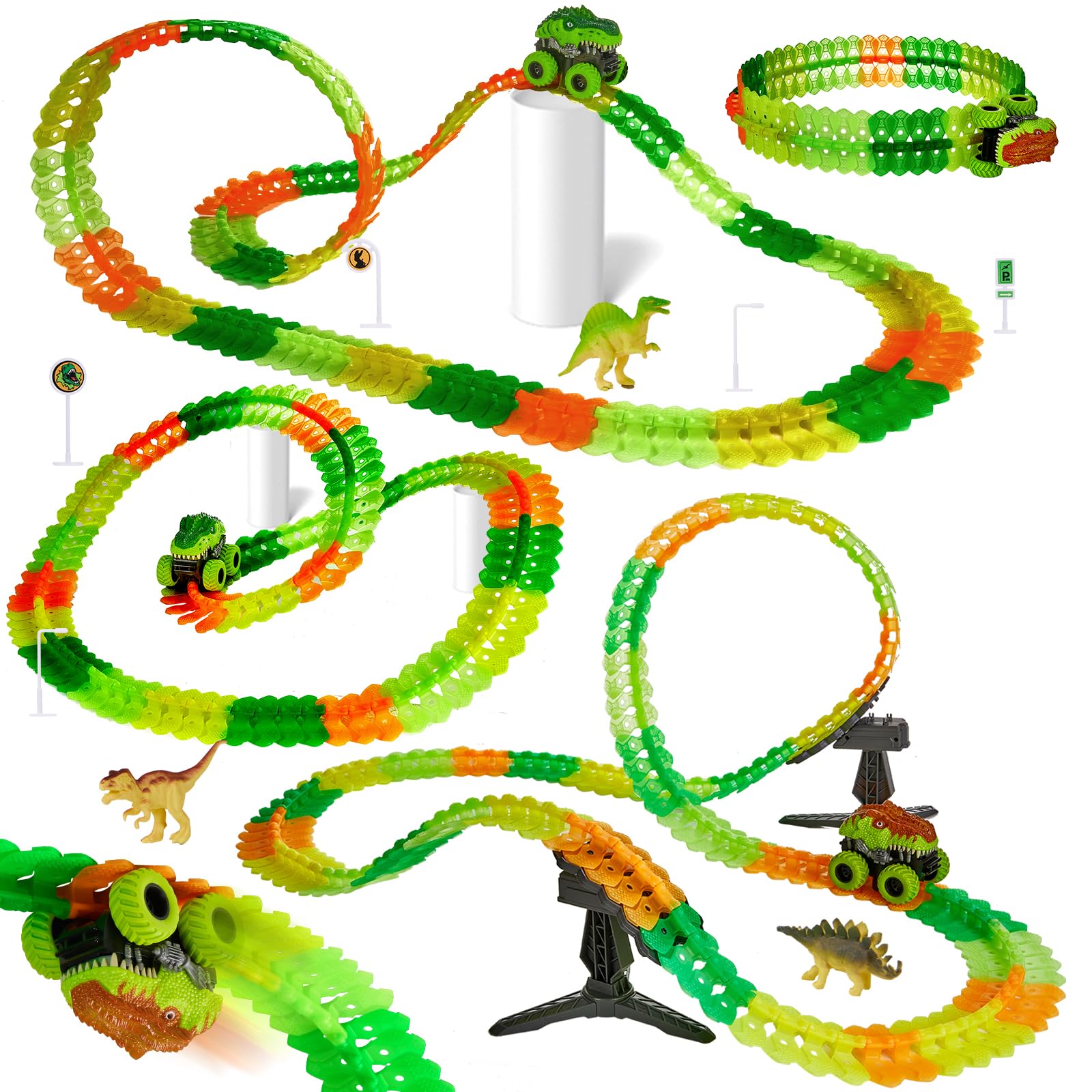 GleamKid 154PCS Rechargeable Car Track Toy Set, Glow Race Track, Flexible Car Tracks, Dinosaur Track Set Glow in The Dark, Race Train Track Toy for 3 4 5 6 7 8 Year Old Boys Gifts, 2*800mAh Batteries