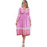 R.Vivimos Women's Long Sleeve Floral Print Retro V Neck Tassel Bohemian Midi Dresses (Large, Fuchsia)