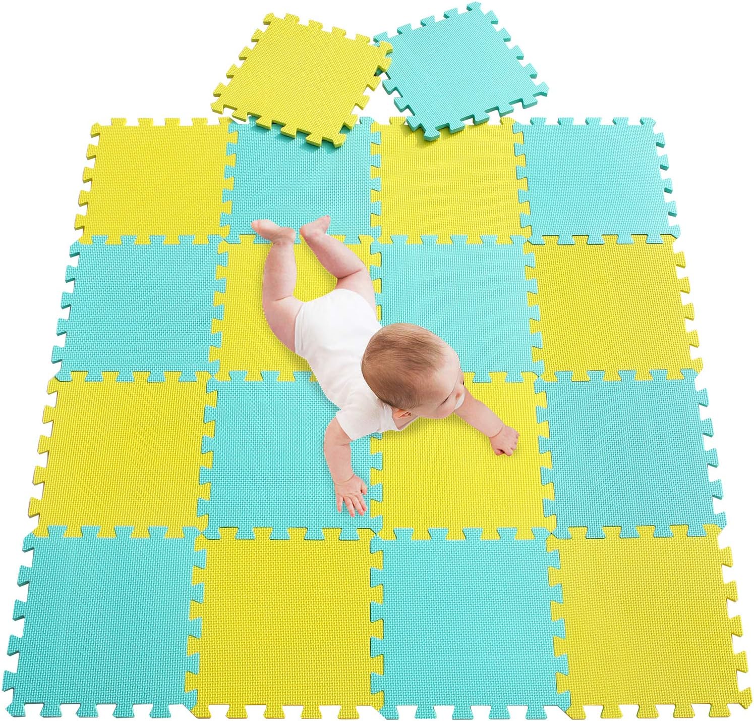 meiqicool Foam Play Mat Tiles-18 Pack EVA–Interlocking Floor Mats for Children -Multicoloured Foam Tiles Puzzled Soft Foam Kids Play Area Mat 30x30cm yellow turquoise 0508