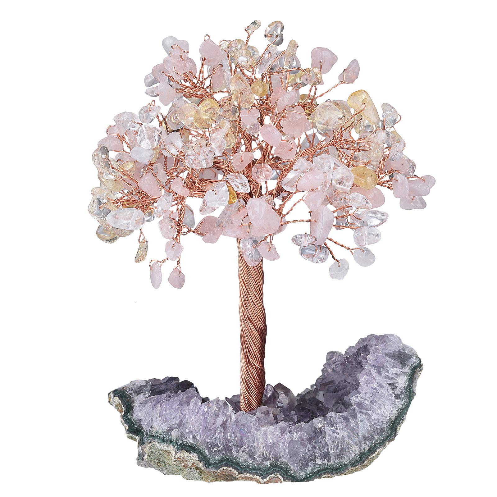 KYEYGWO Healing Mixed Crystal Stone Money Tree for Good Luck Wealth, Handmade Figurine Bonsai on Natural Amethyst Cluster Base 4.5"-6" High